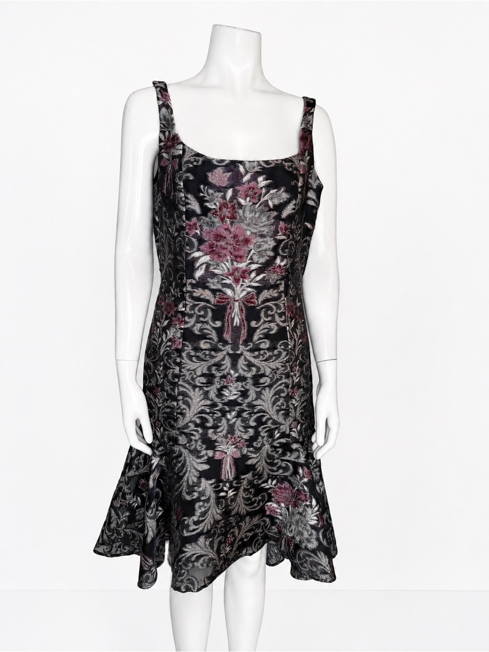 Marchesa Black Floral Brocade Midi Dress with Pink Accents